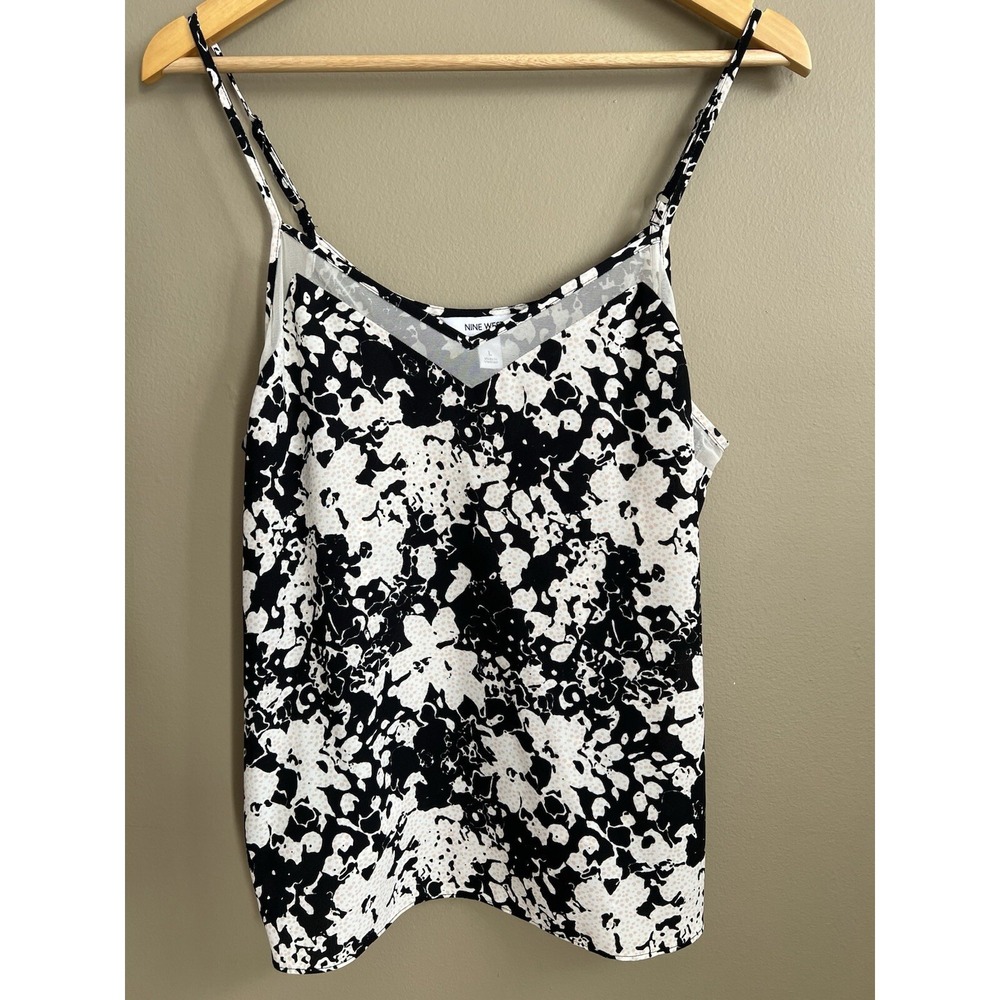 Nine West Womens Black White Abstract Floral Mesh Trim Cami Tank Top Large